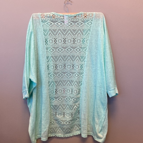 Woman’s mid sleeved , crochet back dressy turquoise pull on sweater. Like new. - Picture 2 of 4